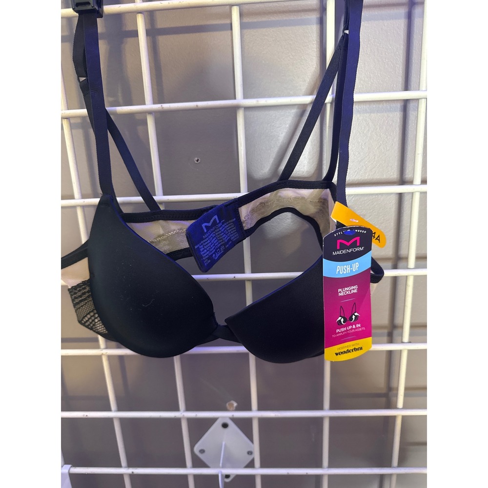 Maidenform DM9900 Push-Up Bra Plunging Neckline Black Lace Trim 34A New